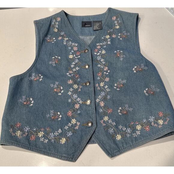 Vintage Liz Wear Embroidered Floral Denim Vest Women’s Size Small Western Boho - Picture 2 of 7